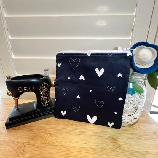 Black and White Hearts Square Zip/Makeup Bag