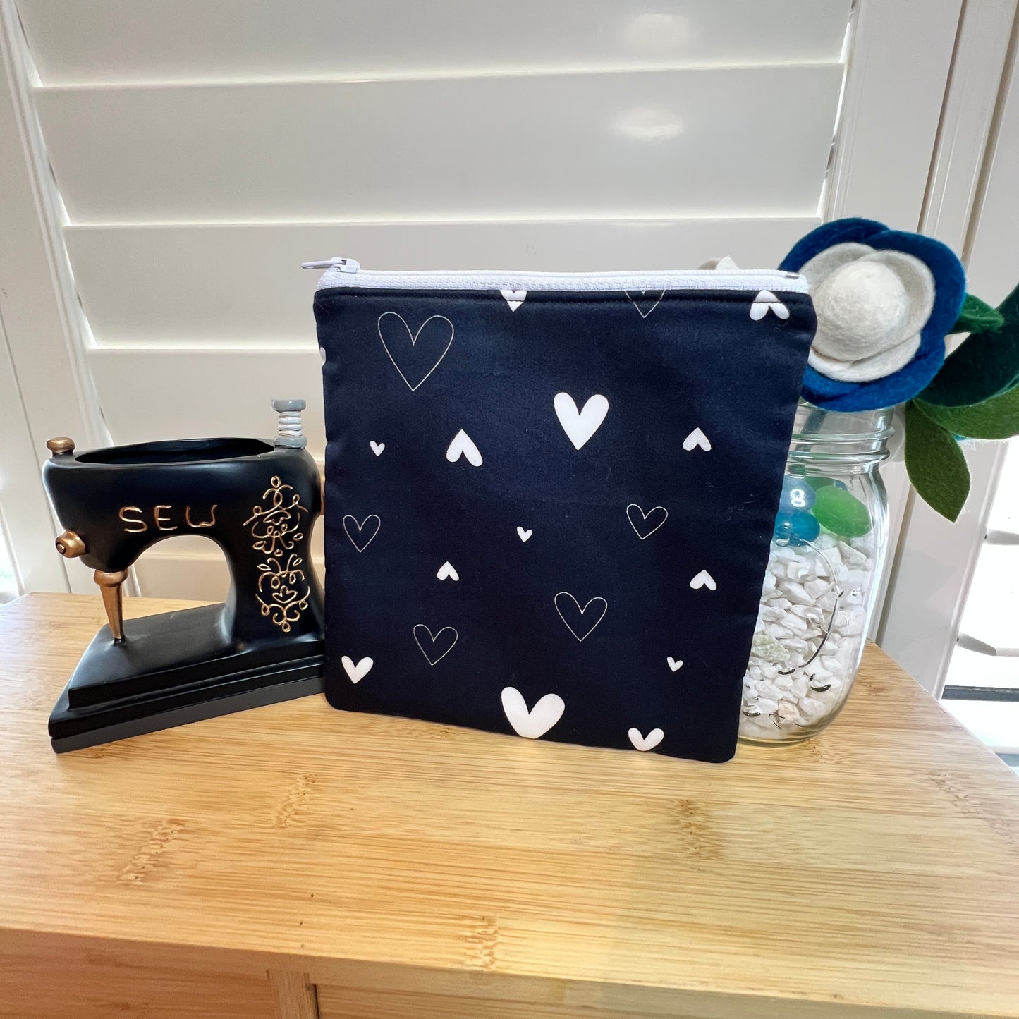 Black and White Hearts Square Zip/Makeup Bag