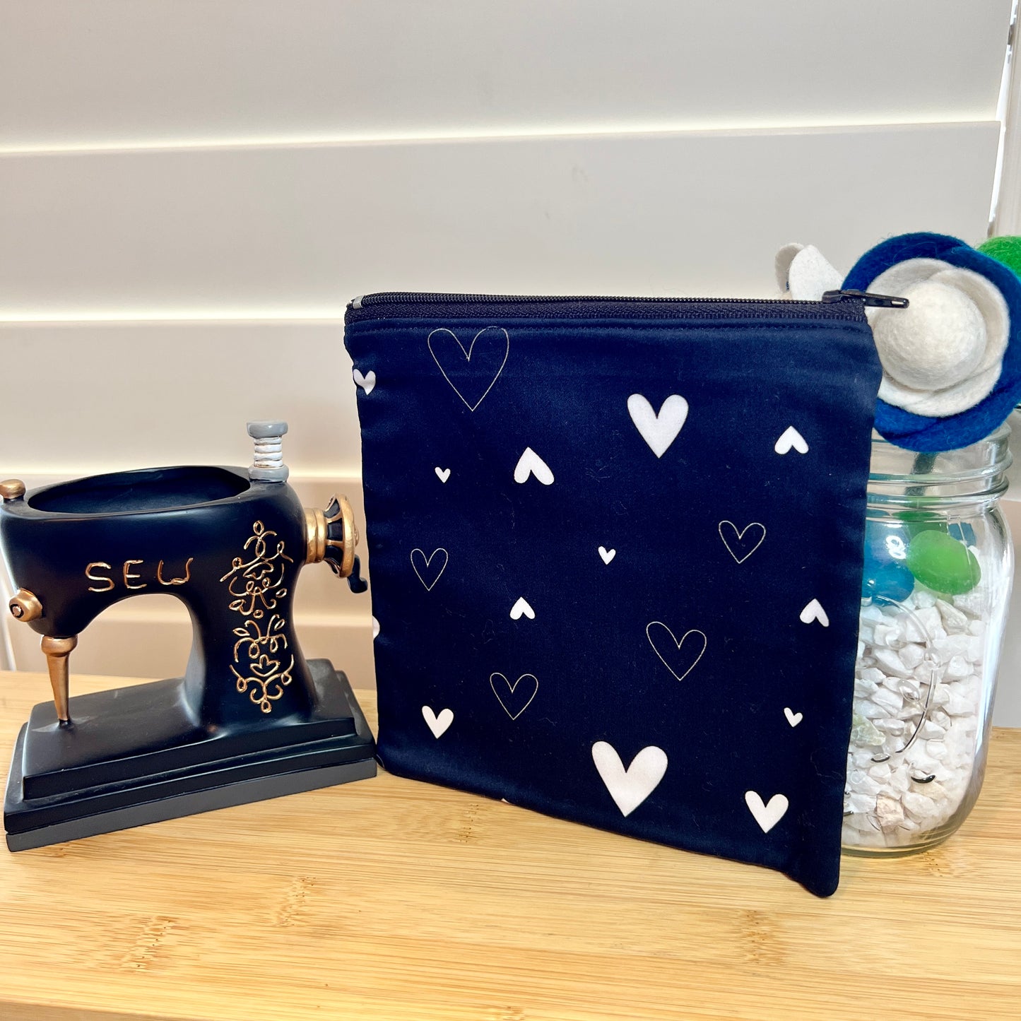 Black and White Hearts Square Zip/Makeup Bag