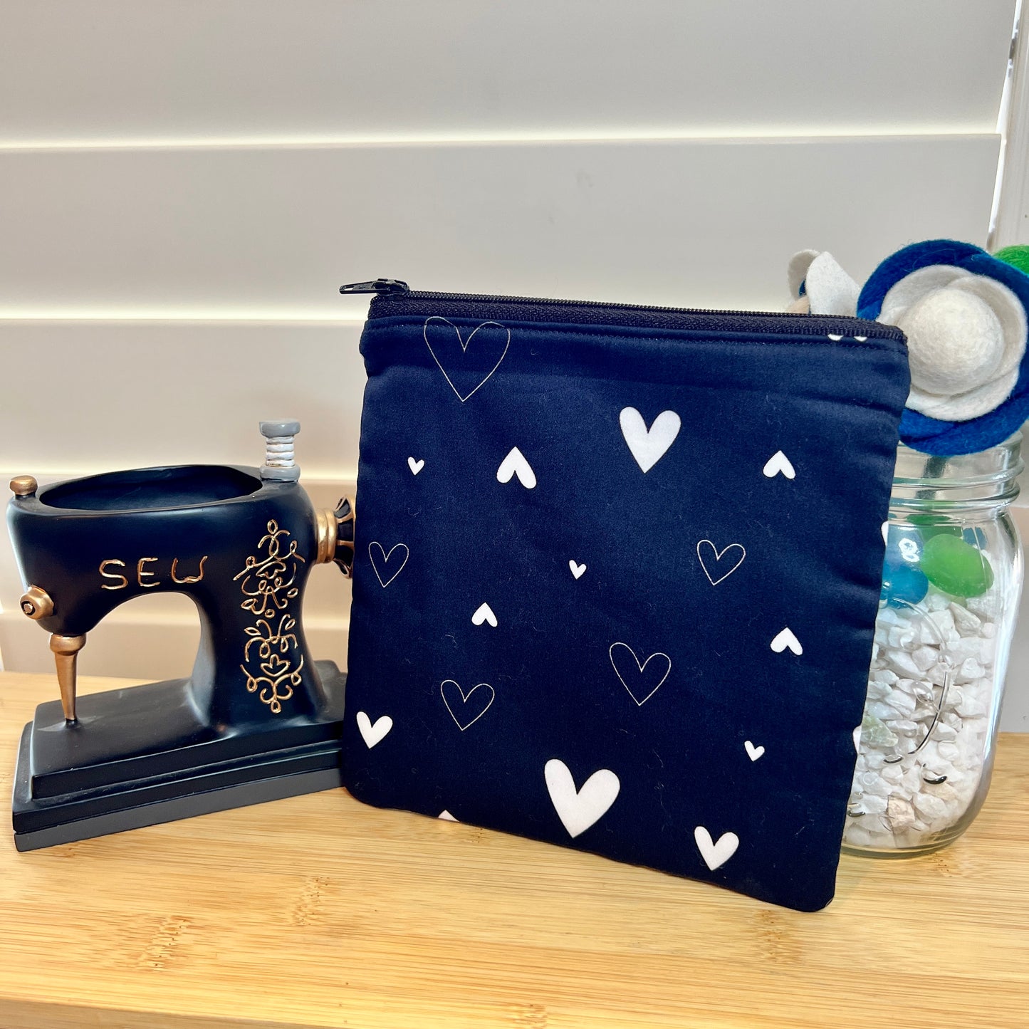 Black and White Hearts Square Zip/Makeup Bag