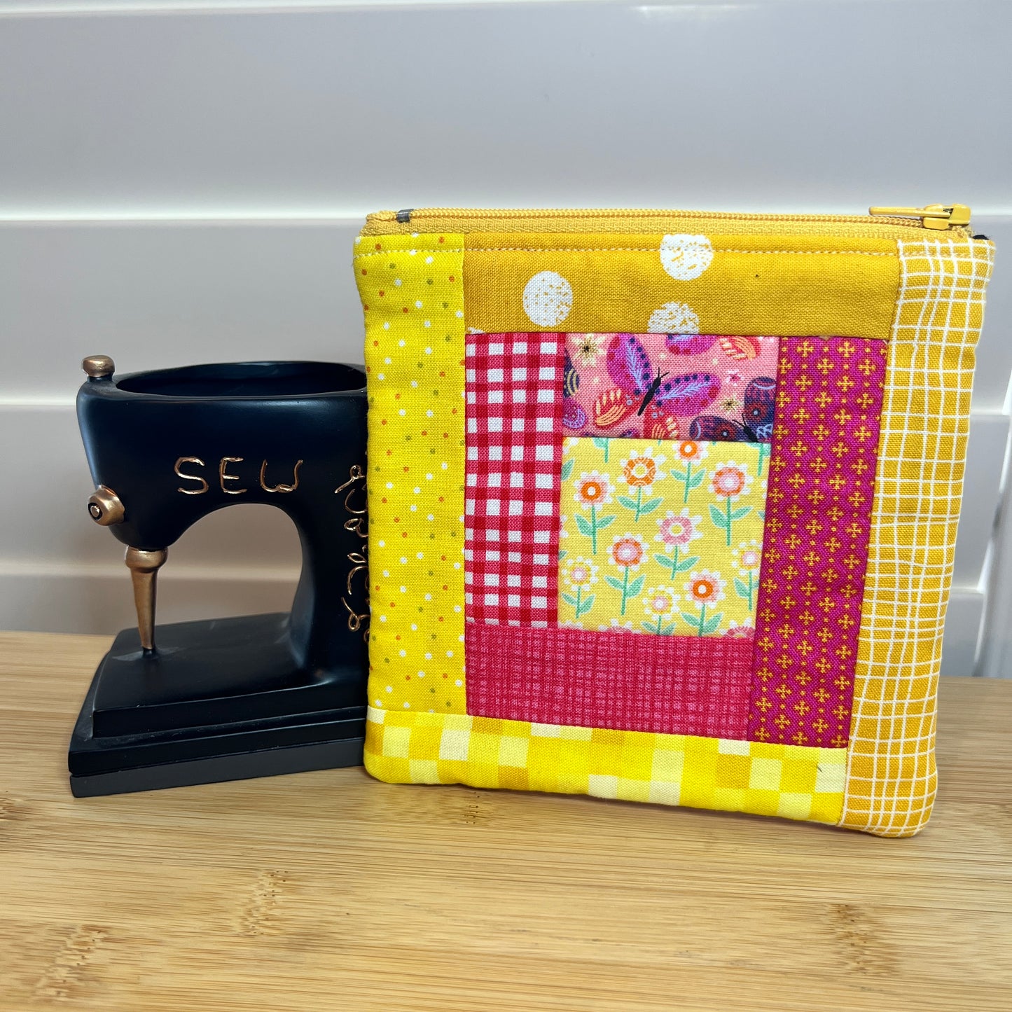 Hand Quilted Yellow and Pink Square Zip Bag
