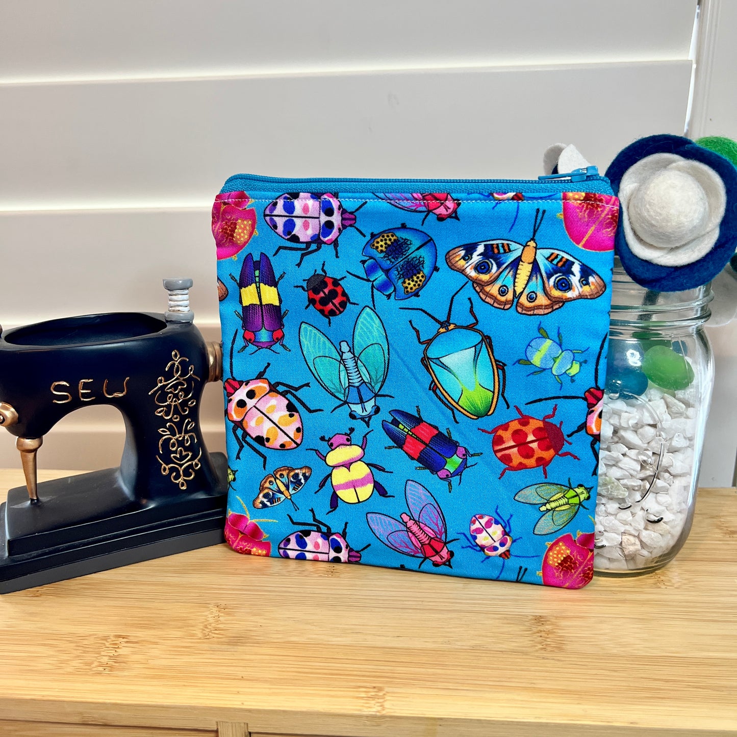 Bugs on Blue Square Zip/Makeup Bag