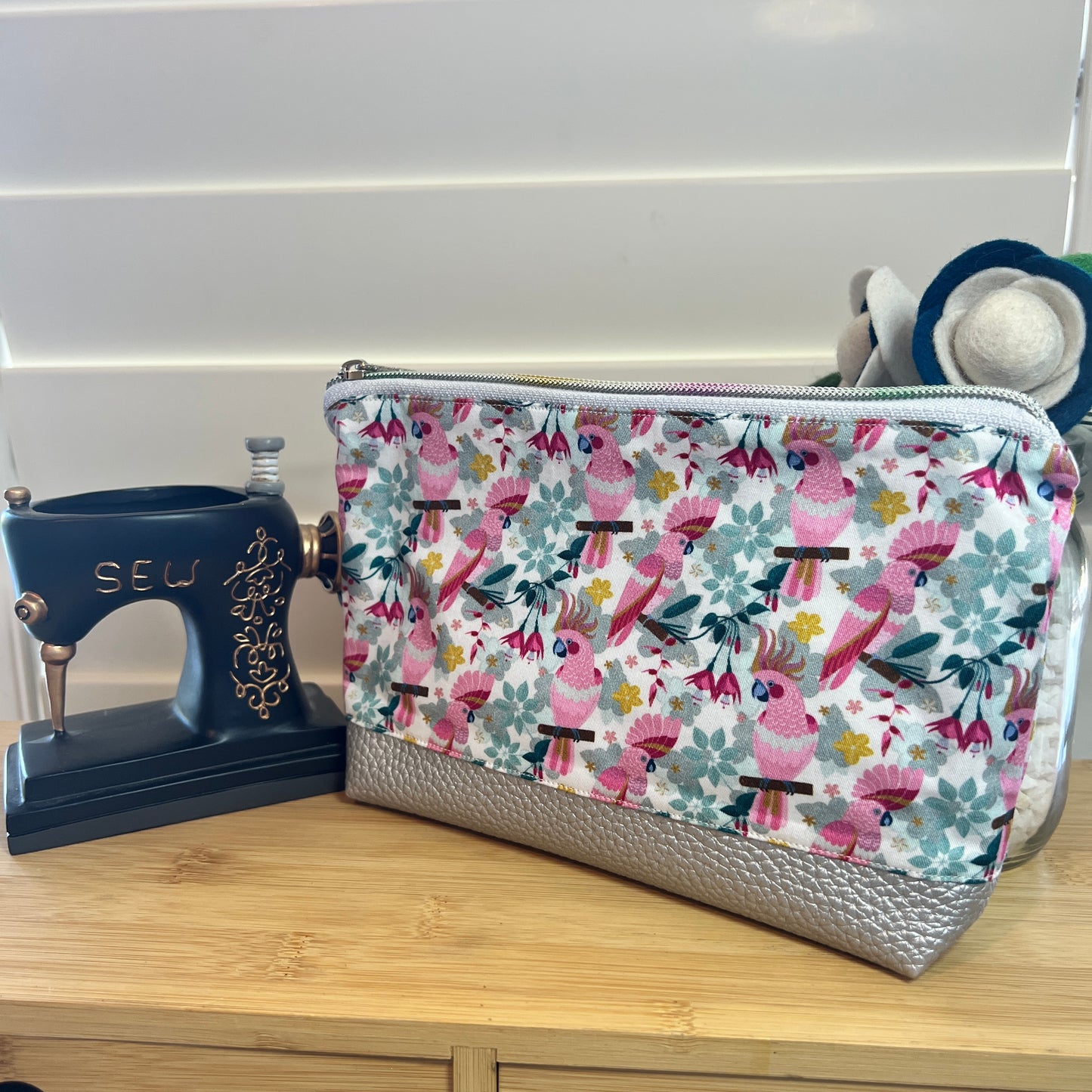 Handmade Pink Cockatoos Makeup Bag